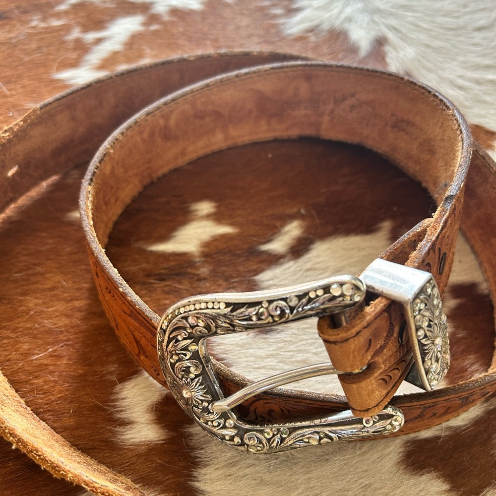 Vintage Handmade Carved Brown Leather Belt with Silver Sparkle Buckle Sz 38 / 40